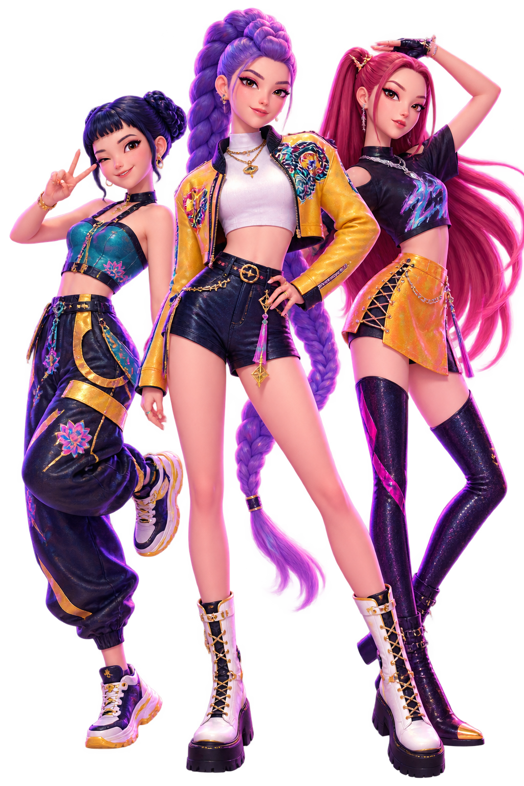 Rumi, Mira, and Zoey from KPop Demon Hunters posing together in colorful pop-idol outfits